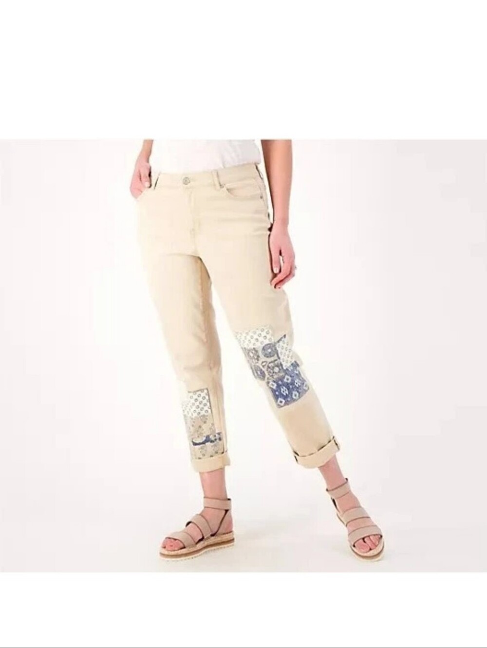 LOGO Lori Goldstein Jeans Boyfriend Twill Patchwork Denim& Cream Mid Rise jeans